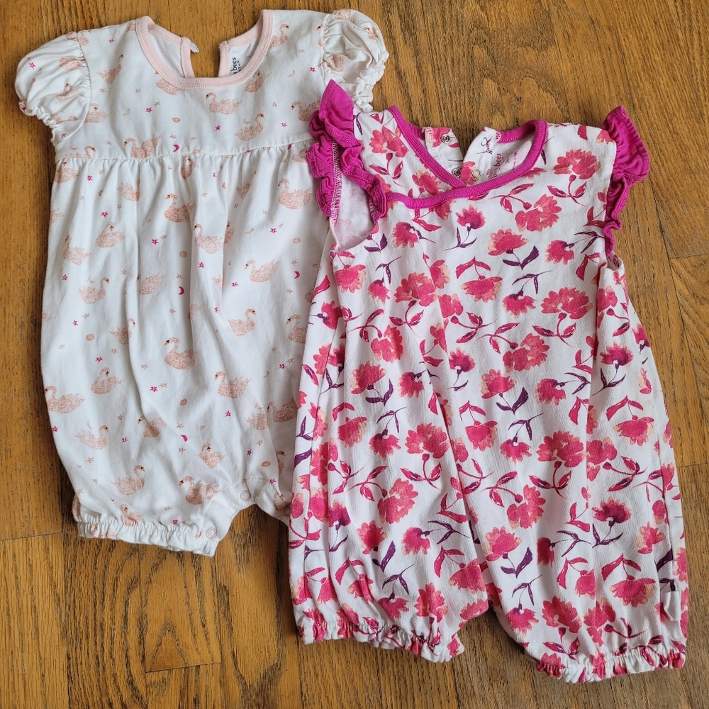 Two Burt's Bees Baby Short Sleeve Rompers, 24 months, pink and white